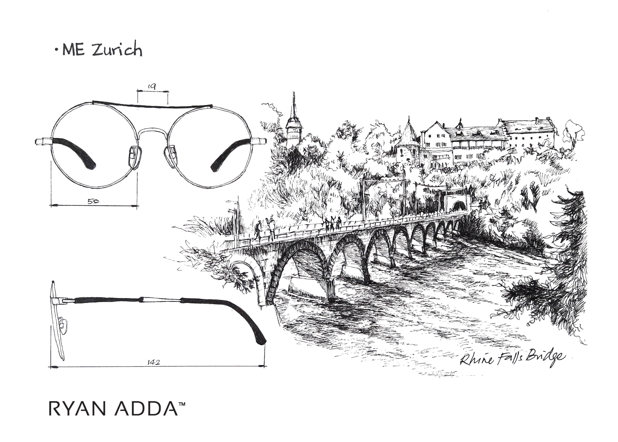 The image features a sketch of a bridge called 'Rhine Falls Bridge' and illustrations of eyeglasses with measurements and the text 'ME Zurich' and 'RYAN ADDA'.